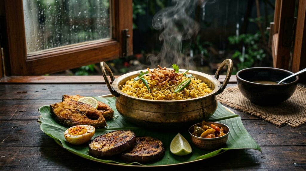 বাঙালির ঐতিহ্যবাহী ভুনা খিচুড়ি ইলিশ ভাজা বেগুন ভাজা ও বর্ষার ভুরিভোজ
